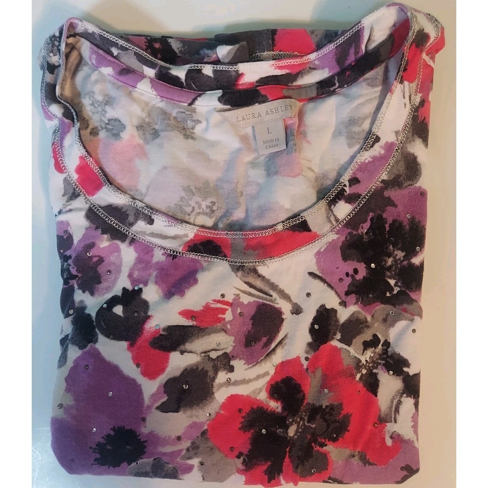 Laura Ashley Top Woman's Large Multicolored‎ 3/4 Sleeve Pullover Shirt 69016
